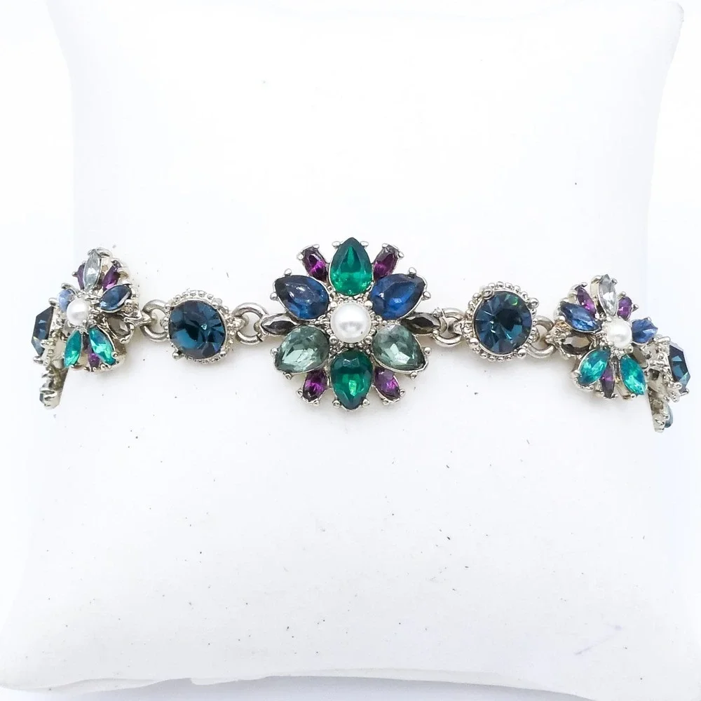 Marchesa Flower Blue Green Crystal Rhinestone Faux Pearl Gold Tone 7.5